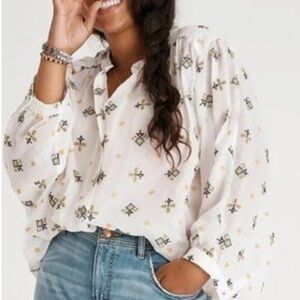 Anthropologie Lisabetta Blouse White Print Cotton Billow Sleeve Button‎